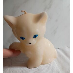 Vintage Kitten Candle Cream White Cat Figurine Blue Eyes Retro Kitsch Decor